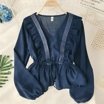 

Korean Women Blouse Drawstring Sash Ruffles V-Neck Lace Patchwork Vintage Blusa 2020 Solid Slim Fashion Summer Office Lady Tops