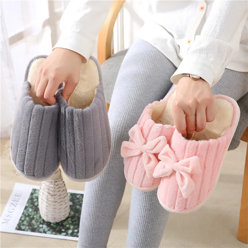 

Winter Home Cotton Slippers Men And Women Indoor Anti-slip Warm Slipper Couples Cute Bow Home Shoes