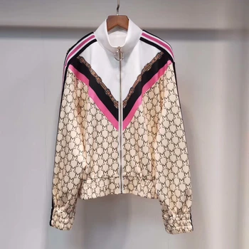 

2020 Spring And Summer New Fashion geometic Printed Contrast Color High Collar Zipper women Cropped Jacket coat