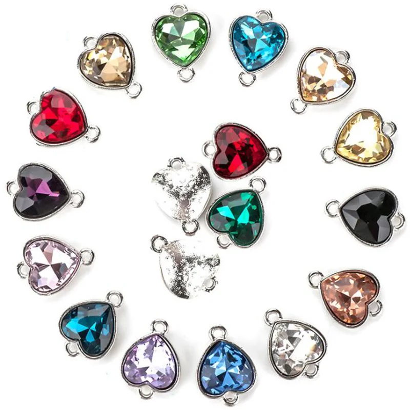 10PCS/Lot Crysta Glass Heart Shape Connectors Double Loops Charms DIY Earring Necklace Pendants DIY Jewelry Making Accessories