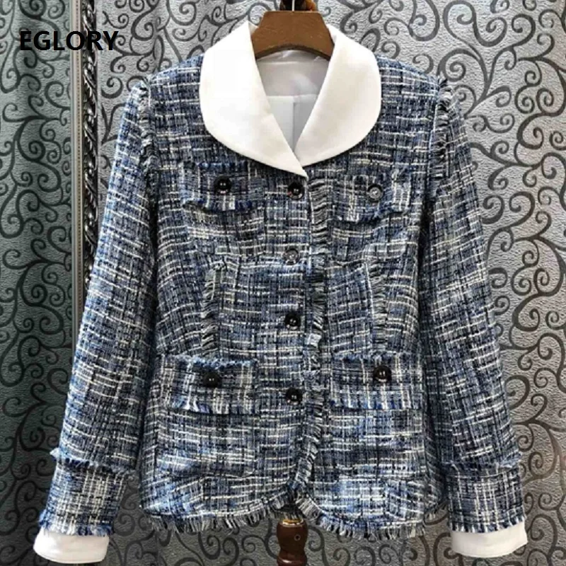 

High Quality Jacket 2019 Autumn Fashion Coat Women Turn-down Collar White Color Block Single Breasted Vintage Grey Tops Coat