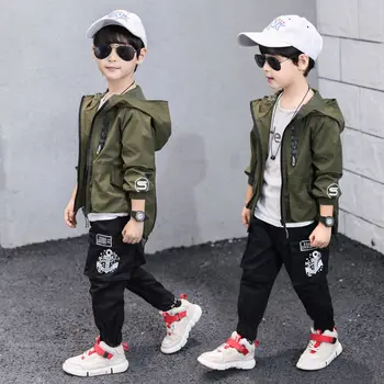 

Hot Sale baby Boys Clothes Sets 3-13 Years Old Spring and Autumn 2-pieces-sets Hooded Big Pocket Trench Coat +Printed Pants