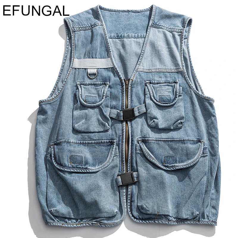 

EFUNGAL Denim Jean Vest Men Multiple Pockets Hip Hop Vests Zipper Streetwear Skateboard Sleeveless Winter Casual Jackets Coats