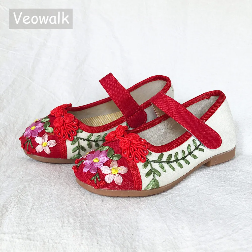 Veowalk Chinese Lucky Knot 2-15 Years Girls Cotton Embroidered Flat Shoes Instep Strap Kids Children Teenager School Ballets | Детская