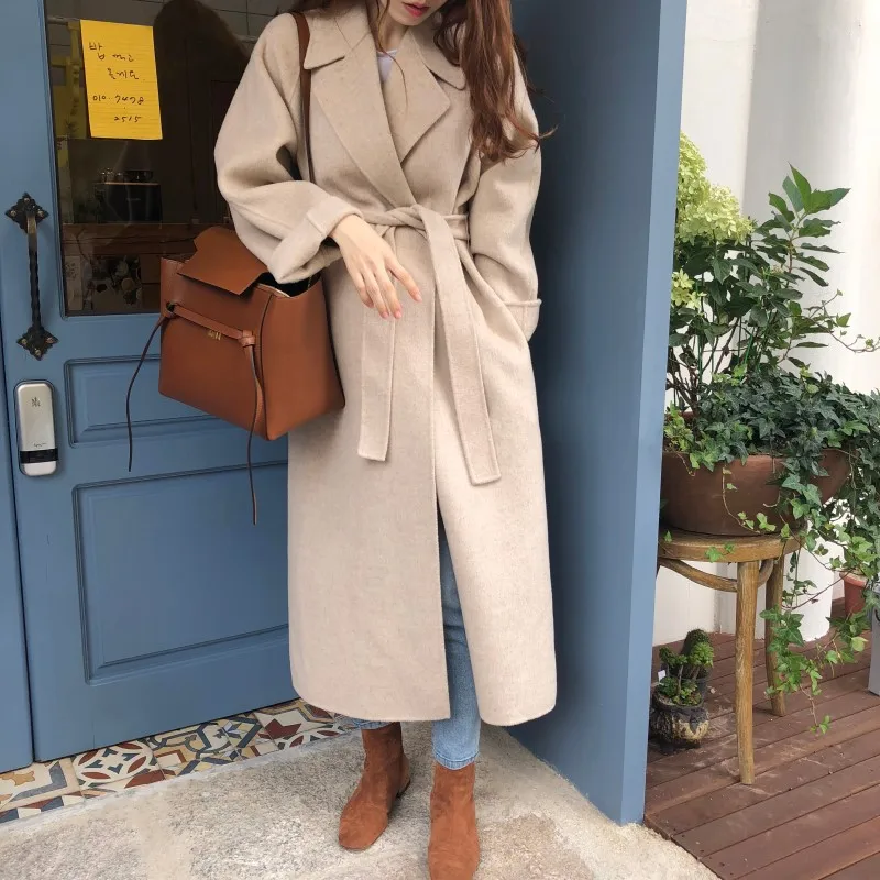 Корейское зимнее пальто женское длинное шерстяное пальто свободные кардиганы кашемировое пальто с длинным рукавом Manteau Femme Hiver элегантное