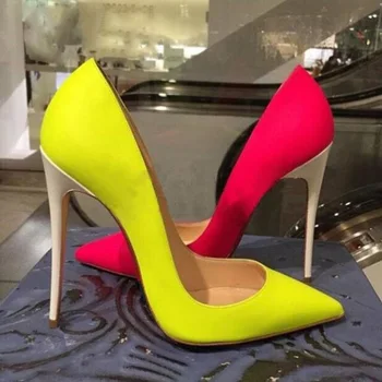 

Brand 12cm Fluorescent Yellow Pointed Toe Pumps Stiletto Heels Patent Leather Shallow Dress Shoes White Heel Wedding Shoes Bride