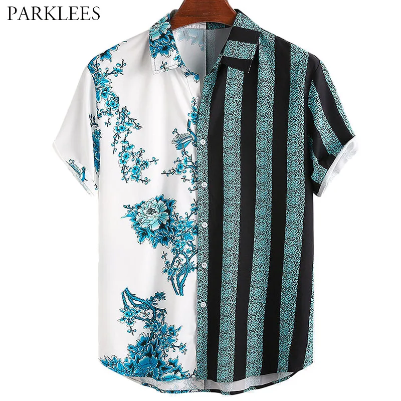 

Elegant Floral Printed Mens Shirt Striped Patchwork Summer Shirts for Men Casual Button Up Chemise Homme Camisas Para Hombre 3XL