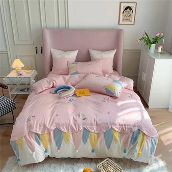 

Pink Blue Applique Embroidery 600TC Egyptian Cotton Girl Bedding Set Queen King Duvet Cover Bed Sheet Pillowcases Home textiles