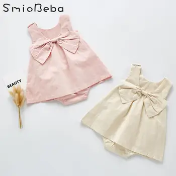 

2020 Newborn Summer Baby Girls Sleeveless Rompers Bow Tie Cotton Puffy Skirt With Fart Climbing Clothes Jumpsuits Dress 0-3YRS