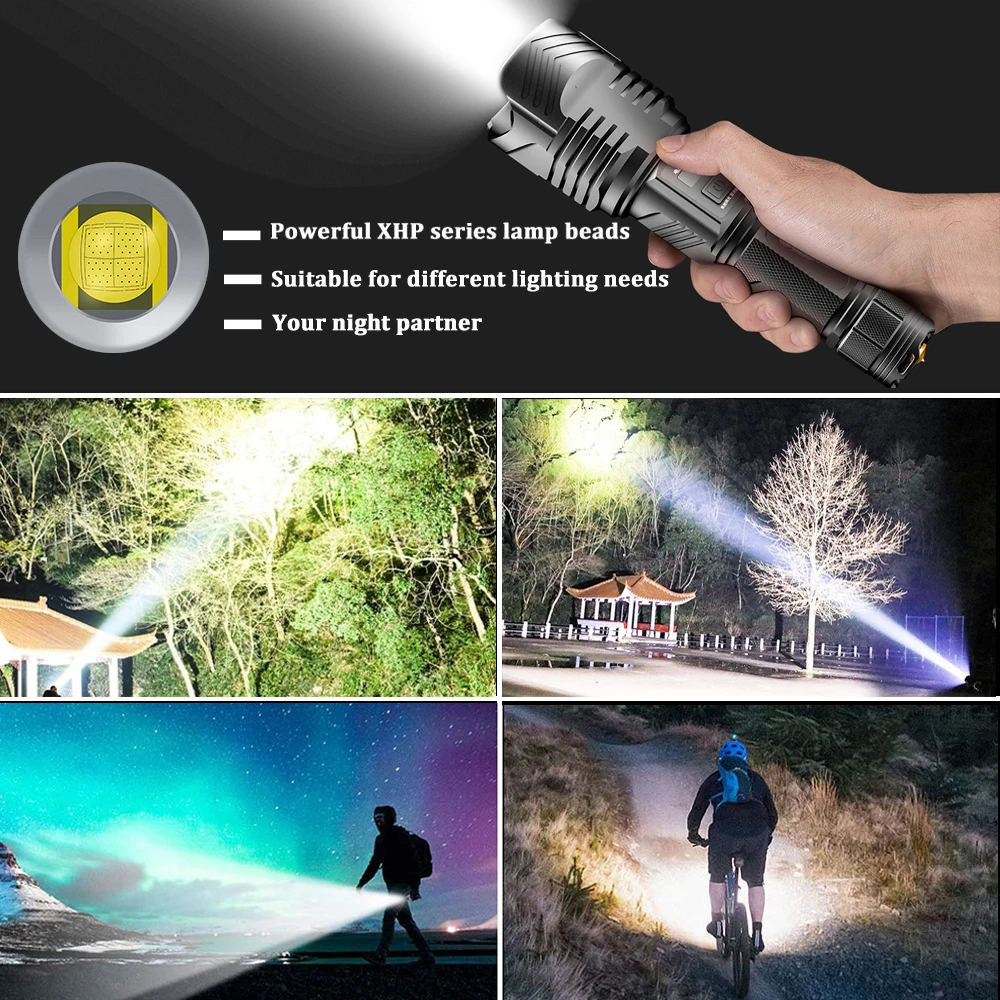 Мощный светодиодный тактический фонарь XHP90, цифровой, бесступенчатый, с затемнением, с дисплеем питания, с зарядкой от USB, с увеличением, для наружного освещения