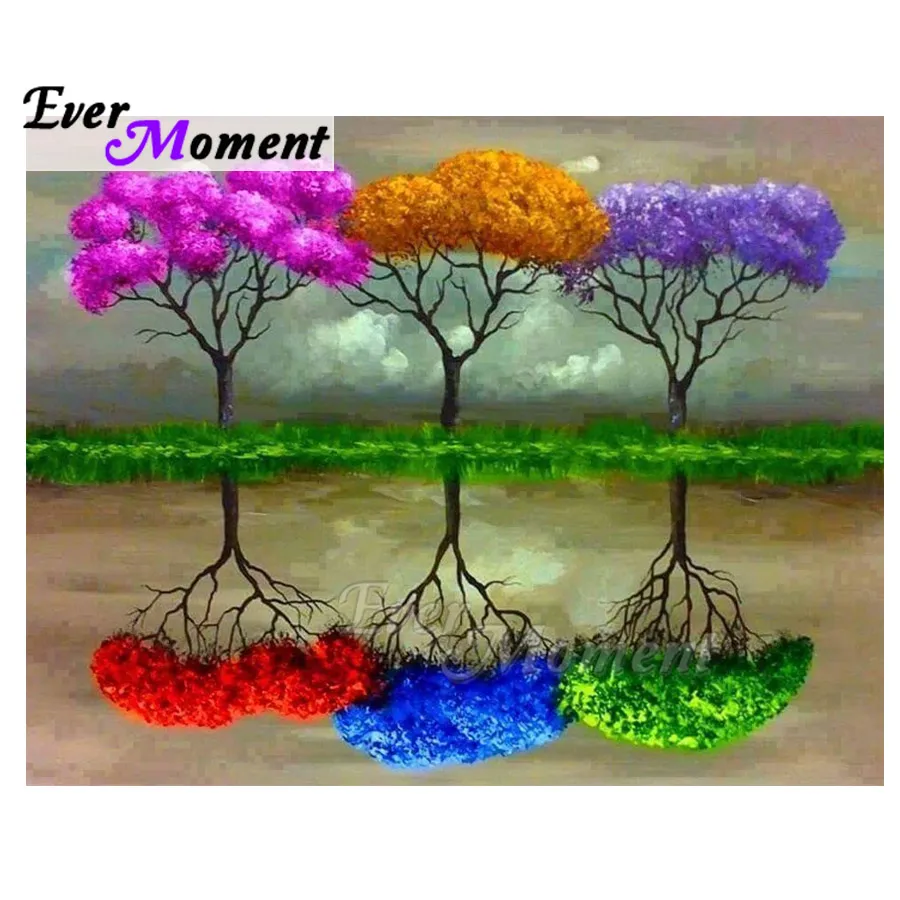 

Ever Moment Diamond Painting Picture Of Rhinestone Pink Yellow Purple Tree Reflection Decoration Diamond Embroidery ASF1741