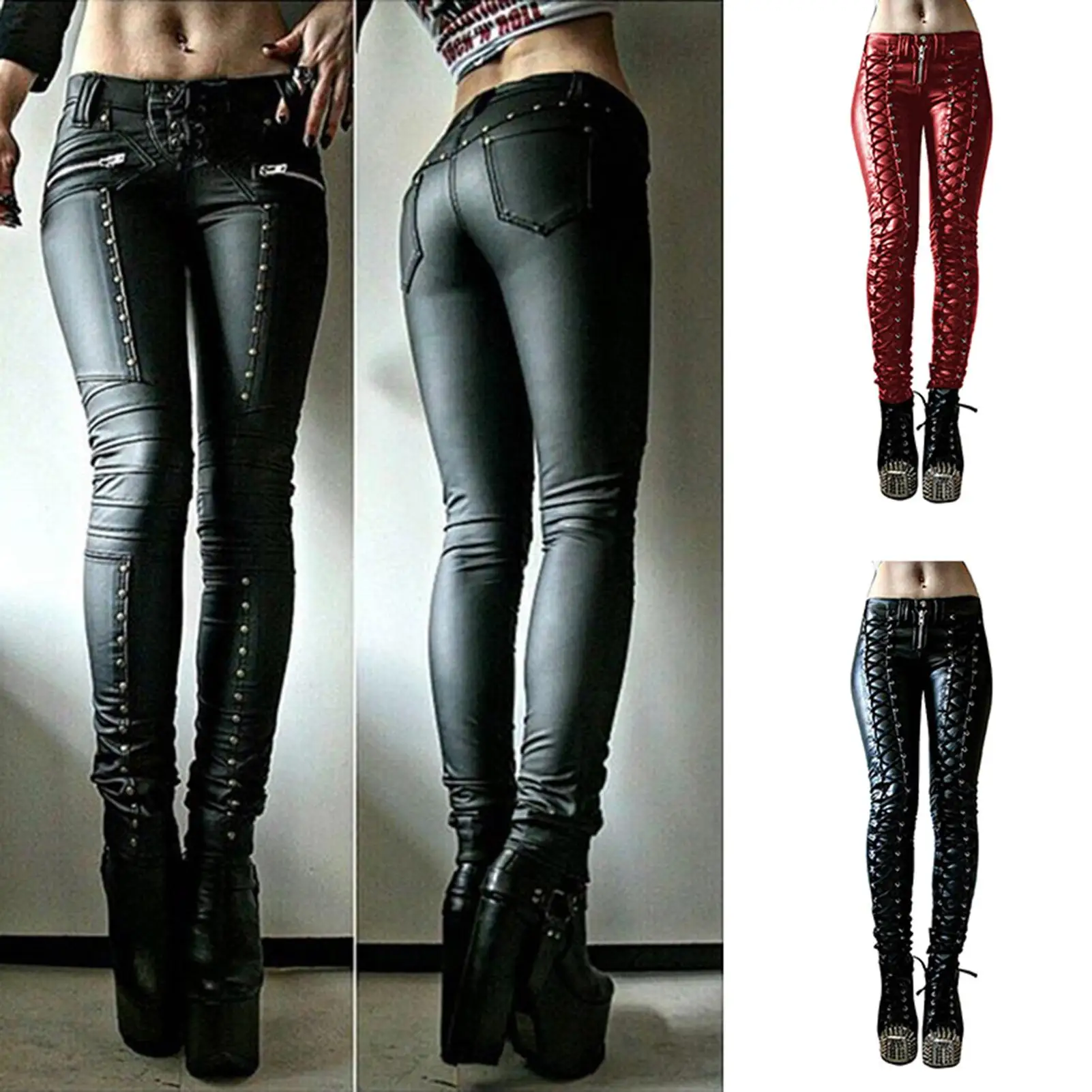 Steampunk Women Faux Leather Pants Carnival Party Skinny Button