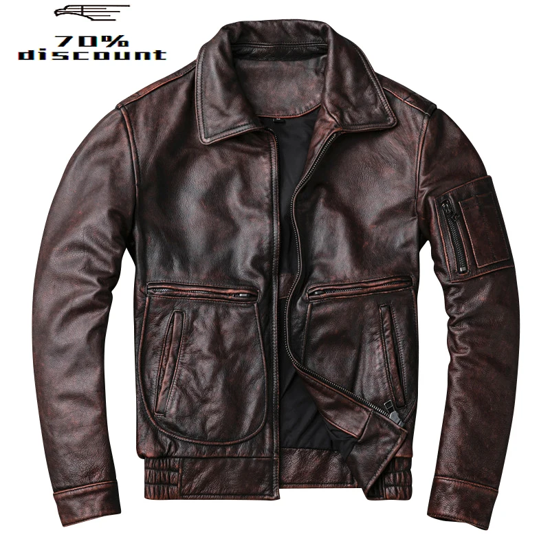 

Genuine Leather Jacket Men Cow Leather Coat Vintage Motorcycle Jacket brown real cowhide veste cuir homme KJ4225