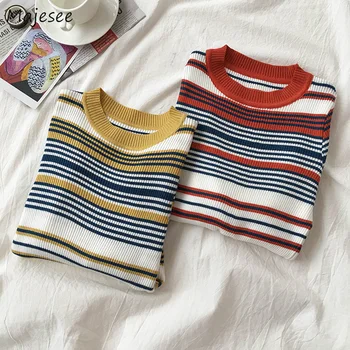 

Striped Knitted Pullovers Sweaters Women Simple All-match O-Neck Studnet Harajuku Sweet Korean Style Soft Casual Daily Elegant