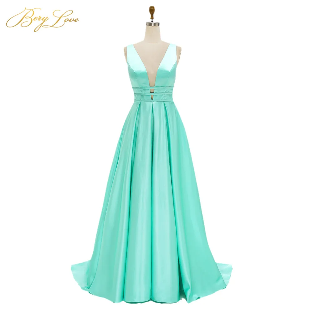 

Elegant Mint Evening Dress 2020 Green Deep V Neck Satin Long vestido de fiesta de noche Formal Prom Dress Open Back abendkleider