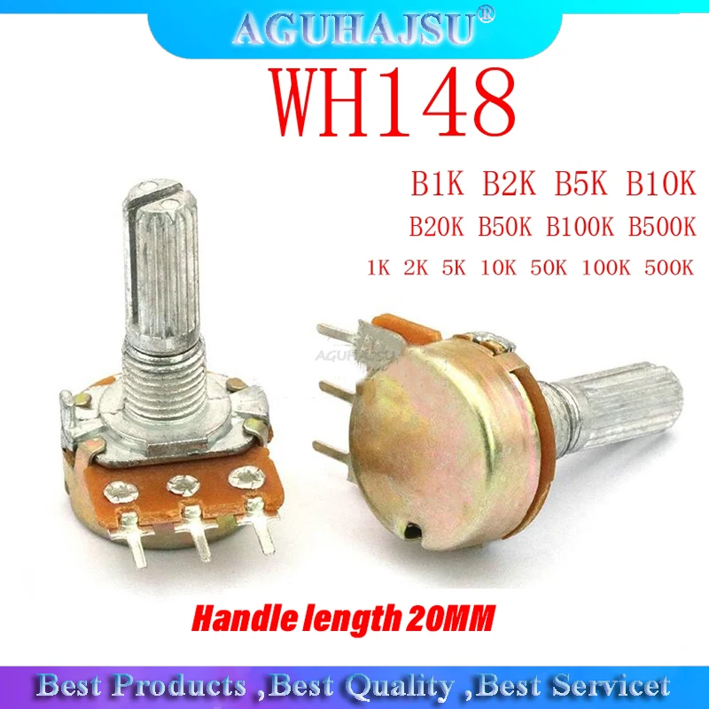 5 шт. усилитель вала WH148 B1K B2K B5K B10K B20K B50K B100K B500K 3Pin 20 мм двойной стереопотенциометр 1K