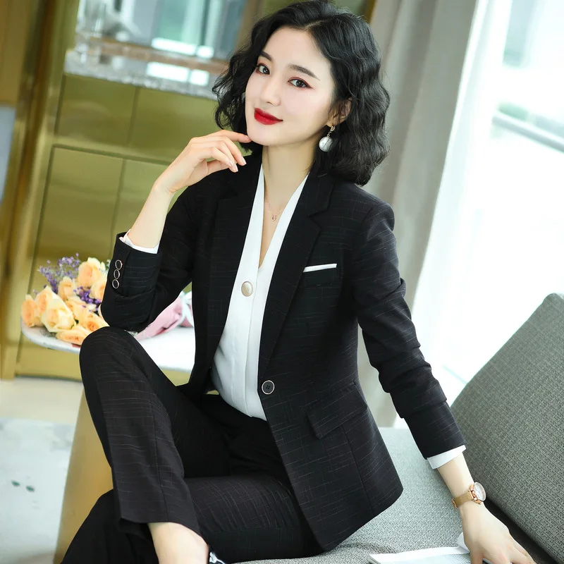 IZICFLY Autumn Winter High-end Professional Blue Slim Uniform Business Suits with Pants Office Blazer Set For Women Work Wear