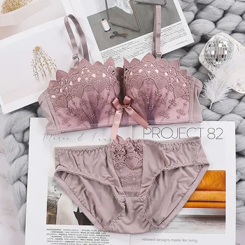 

Hot Sale Sexy Cotton Underwear Lace Bow Embroidery Flowers Cotton Thicken Push Up Bra Set Romantic Women Purple Lingerie Set