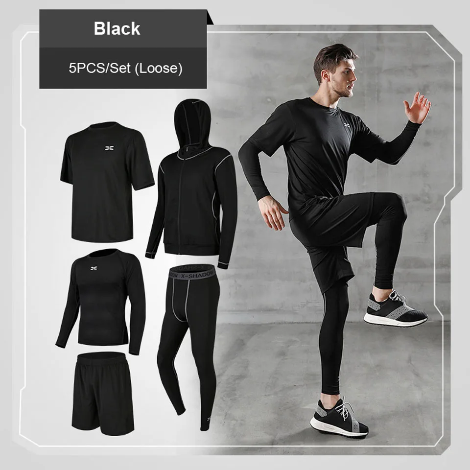 5 шт./компл. мужской спортивный костюм компрессионный комплект для фитнеса спортивный костюм Одежда для бега спортивная одежда упражнения тренировка колготки брюки - Цвет: Loose black