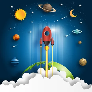 

Laeacco Baby Cartoon Spaceship Planet Baby Learning Study Birthday Party Customized Poster Photo Background Photography Backdrop