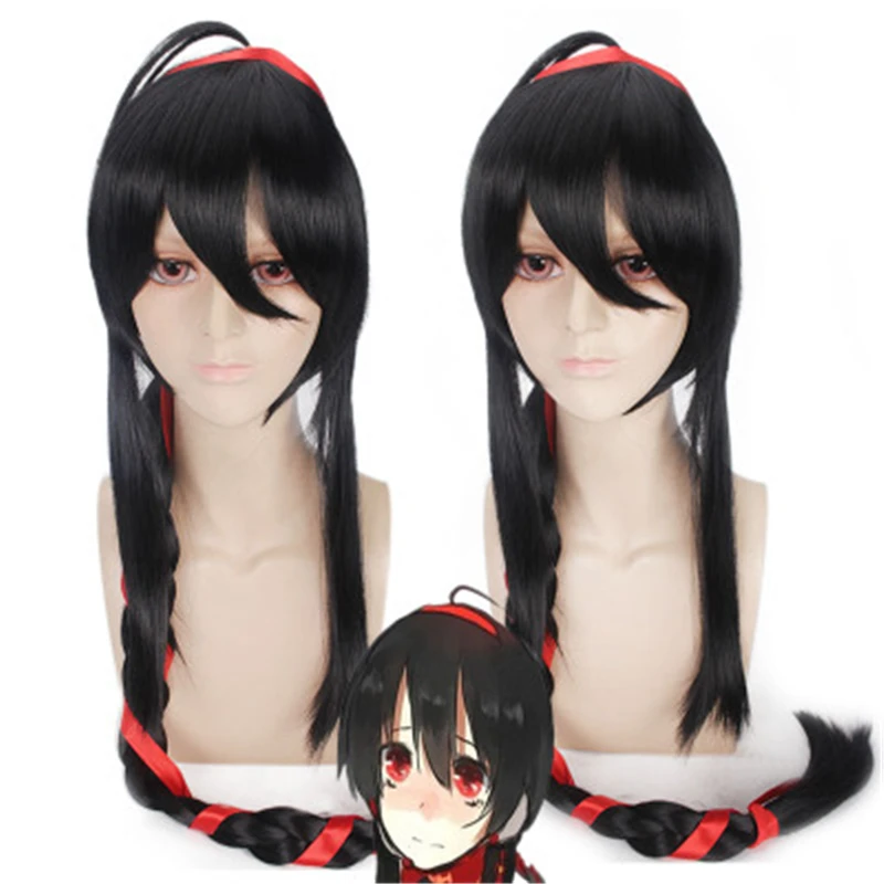 

100cm Synthetic Long Black Vocaloid China Yuezheng Ling Cosplay Wig Hair With Two Ponytail Wigs Whip
