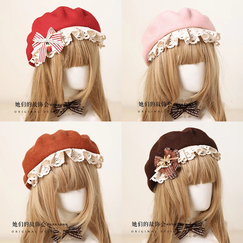 

Women Bowknot lace Trim Kawaii Beret Hat Teen Girls Student Winter Handmade Lolita Cute Strawberry Pendant Painter hat Mori Girl