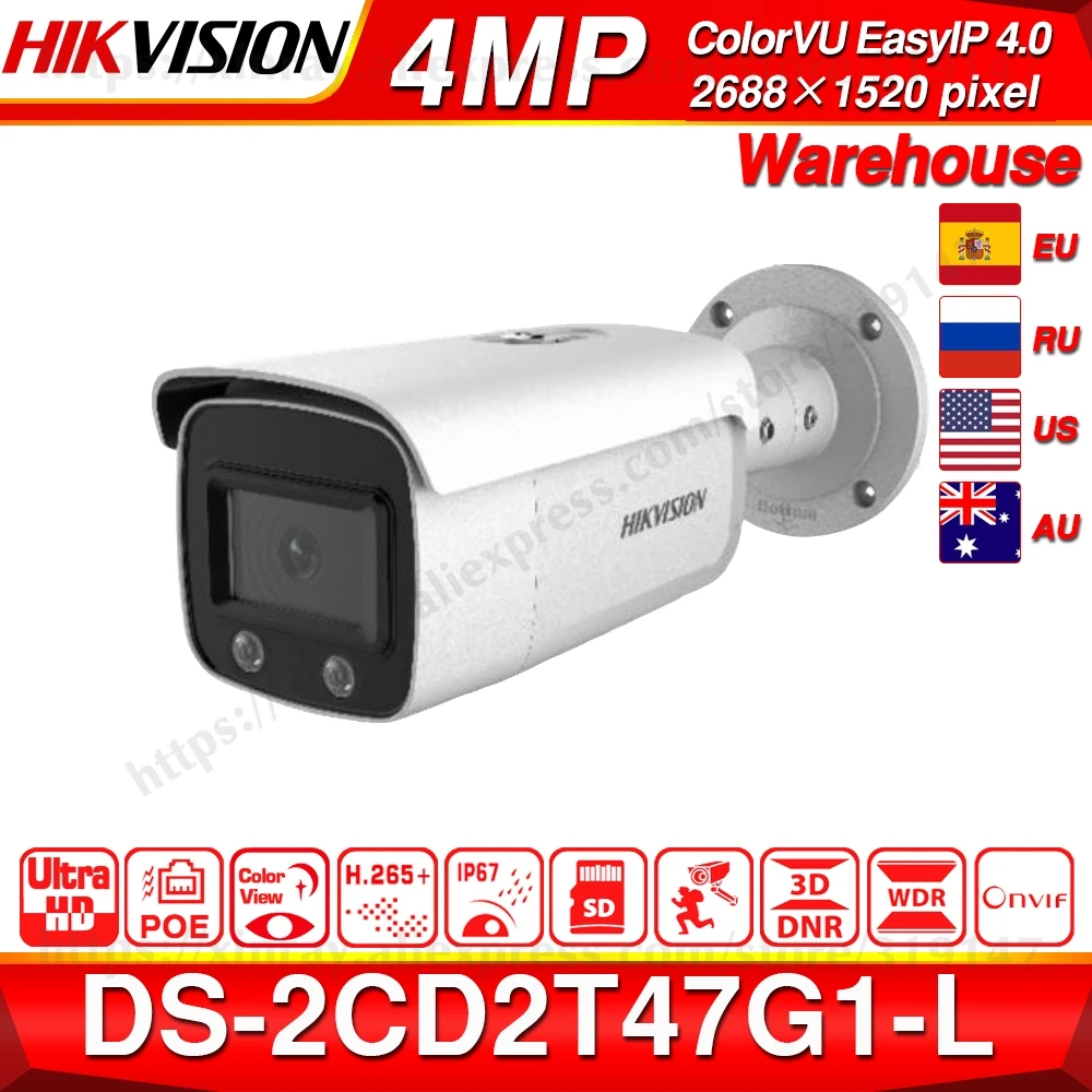 Оригинальная ip-камера Hikvision ColorVu, DS-2CD2T47G1-L, 4 МП, сетевая купольная ip-камера POE, H.265, камера видеонаблюдения, слот для sd-карты