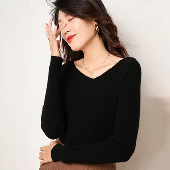 

Helovi sweaters women invierno 2019 Vneck Sweater 100% cashmere sweater Jumper Fashion Slim Femme Pullovers 100 cashmere