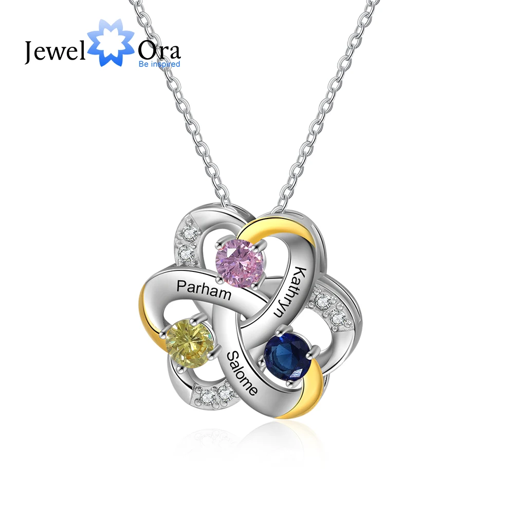 

JewelOra Customized 3 Birthstone Necklace for Women Personalized 3 Names Engraved Flower Pendants New Year Christmas Gifts