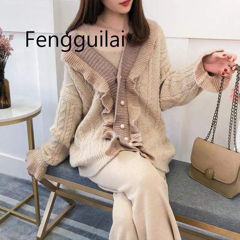 FENGGUILAI Korean Cardigan Sweater For Women V Neck Flare Sleeve Loose Ruffles Hit Color Sweaters Coats Female Fashion New Autum