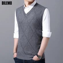Новые модные свитера, Мужской пуловер, без рукавов, v-образный вырез, жилет, Приталенный джемпер, вязаные узоры, осенняя повседневная одежда для мужчин