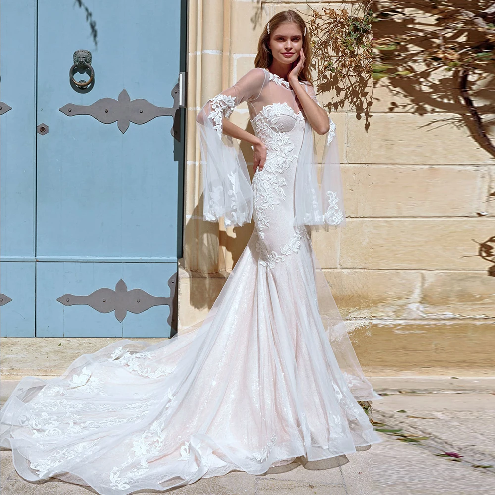 Сделанное на заказ свадебное платье Русалка Robe De Mariee Sirene с коротким рукавом и аппликацией Кружева Труба Свадебные платья Али Китай