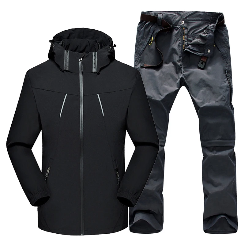 TRVLWEGO мужские весенне-осенние треккинговые походные куртки и штаны водонепроницаемые ветрозащитные мужские спортивные походные костюмы 1 комплект - Цвет: black gray