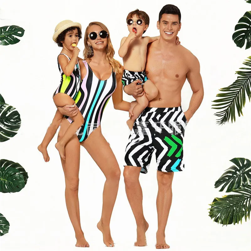 

Family Matching Swimwear Tropical Striped Print Beachwear Mother and Daughter Swimsuits Men and Boys Beach Shorts