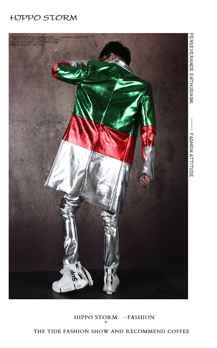 Green Red Silver Stitching New Men's PU Leather Jacket For Male Singer Fashion Male Stage Jacket Casaco Masculino Male Clothing