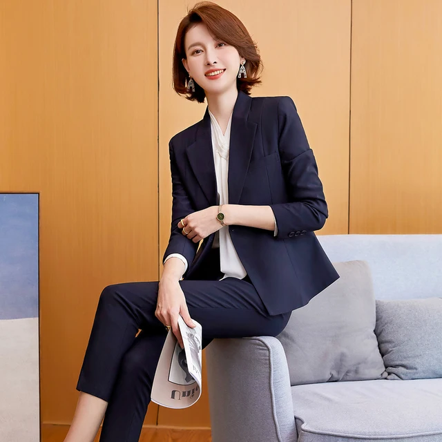 High Quality Women Formal Pant Suit Business Interview Work 2 Piece Set Single Breasted Green Navy Blue Black Blazer And Trouser