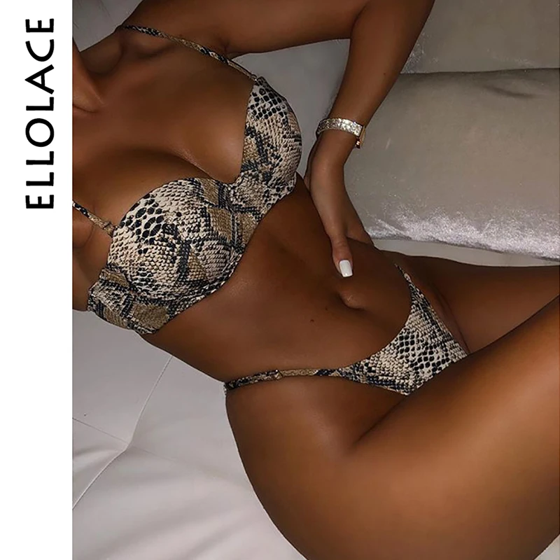 

Ellolace Snake Print Thong Bikini Micro String Two-Piece Swimsuit 2019 Backless Ladies Vacation Female 2019 New Bathing Bikini
