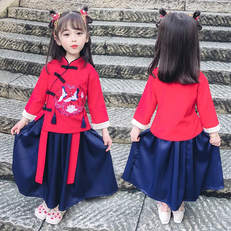 New Year Boy Girl Tang Suit Traditional Chinese Hanfu for Children Cotton Fur 2Pcs Skirt Top Pant Spring Festival Costumes