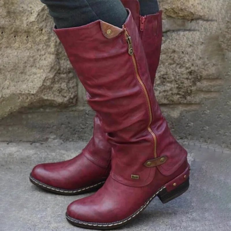 Женские сапоги до середины икры; женская Винтажная обувь из искусственной кожи в британском стиле; женские зимние модные высокие сапоги на низком каблуке и молнии