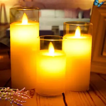 

3pcs Glass Cup LED Flameless Candle Electronic Flickering Candle Lights Night Light Party Supplies