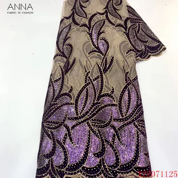 

Anna purple french sequins lace fabric 2020 high quality embroidery with stones 5 yards african net lace nigerian velvet fabrics