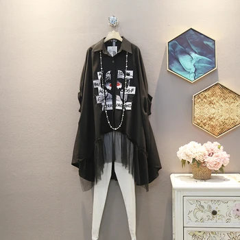

[EWQ] 2020 Spring Summer New Arrivals Turn Down Collar Short Sleeve Patchwork Mesh Women Fashion Trend Casual Shirt AY17001