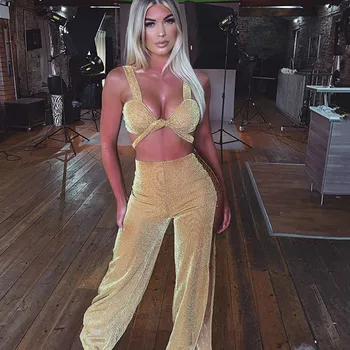 

NCLAGEN Elegant Lurex Party Club Pants Set Bandage Corset Bra Crop Top Tank Sexy High Split Women Pants 2020 Two Piece Set