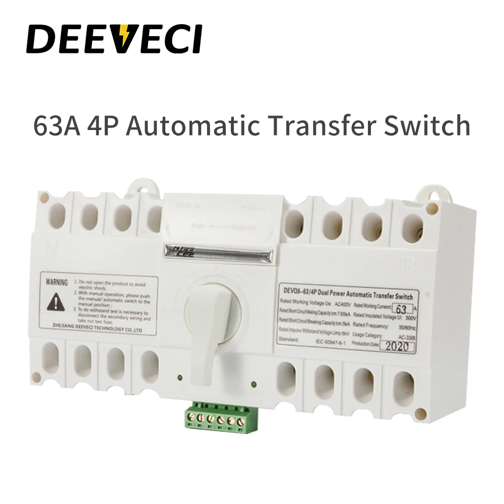 

DEEVECI 16A 32A 40A 63A ATSE 220V 4P changeover switch MCB Type CE ATS Dual Power Automatic Transfer Switch Home Use White Color