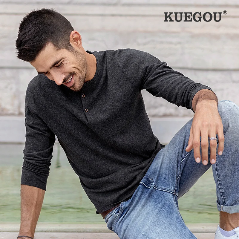 Pullover Sweater KUEGOU Clothing Black Plus-Size Men Fashion Cotton Autumn Solid Top
