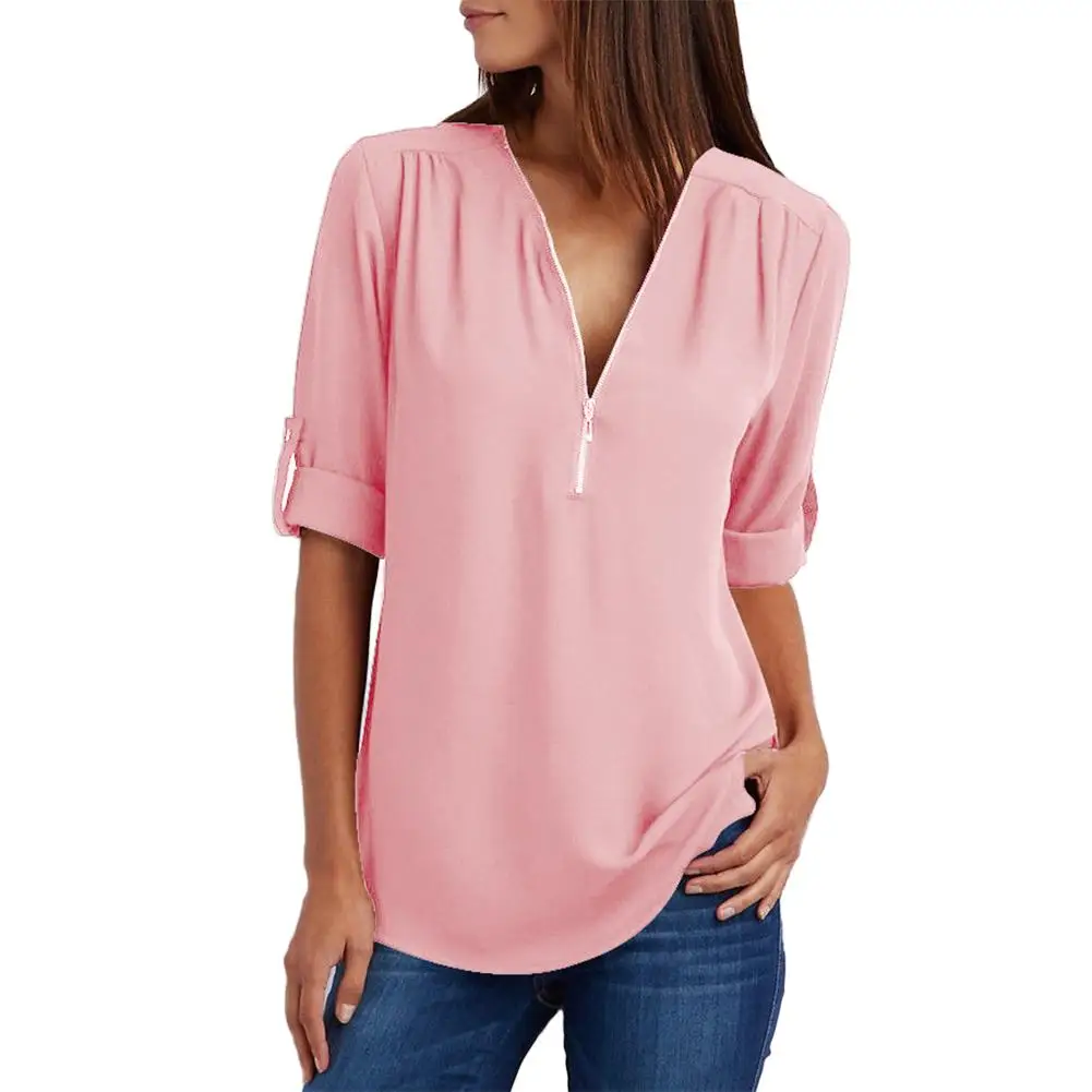 Casual Office Lady Sexy Solid Color Zipper V Neck Half Sleeve Shirt Loose 2020 New Fashtion blouse women | Женская одежда