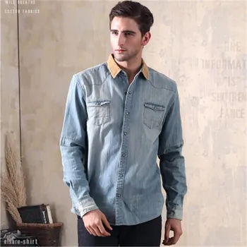 

S-2XL Vintage Denim Shirts Men Casual Corduroy Collar Shirts Male Fashion Single Breasted Long Sleeve Loose Jeans Top DS50923
