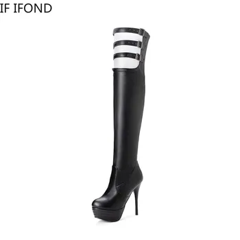 

IF IFOND Spring Autumn Fashion Woman Leather Shoes Buckle over the knee boots Platform Soft Leather Ladies Ultra High Heels