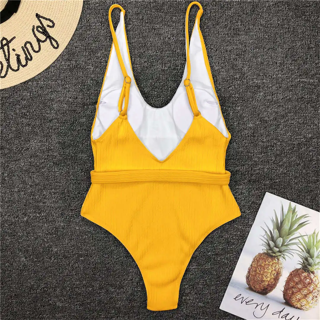 Sexy Ribbed High Cut Backless Monokini Women Swimwear One Piece