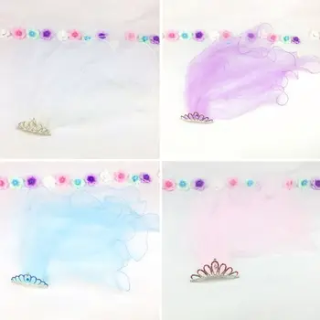 

Flower Girls First Communion Mesh Veil Headband With Gradient Colored Rhinestone Tiara Crown Ruffles Veil Wedding Party Headwear